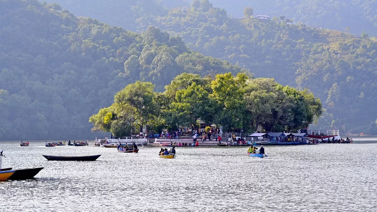 Lake, boats, island, people, tourists, water, nature, temple, religion, mountains, travel, tourism, phewa lake, pokhara, nepal, asia
